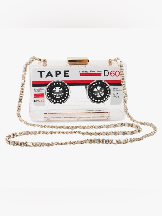 Handbags - 80’s PARTY READY Retro Cassette Tape Crossbody Bag - Clear w/Black & Red Detail